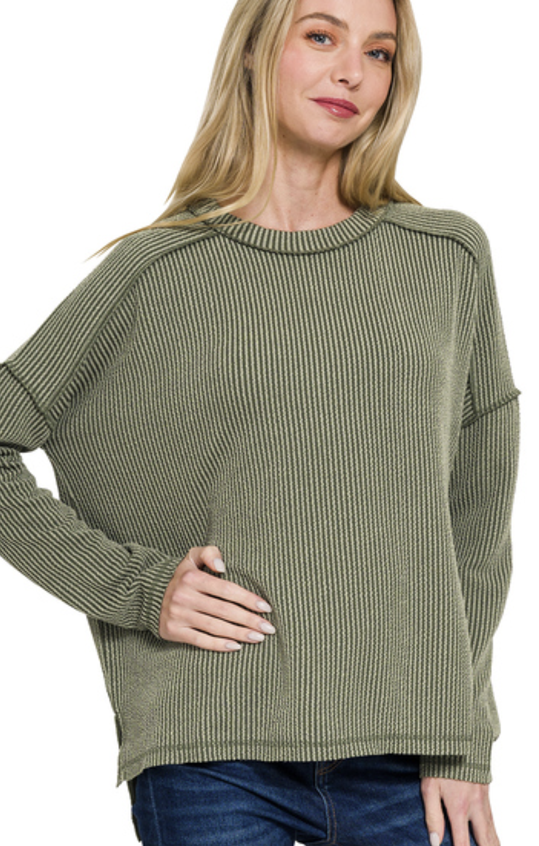 Raised rib raw edge boat neck long sleeve top - ZENANA RTL-8452A5