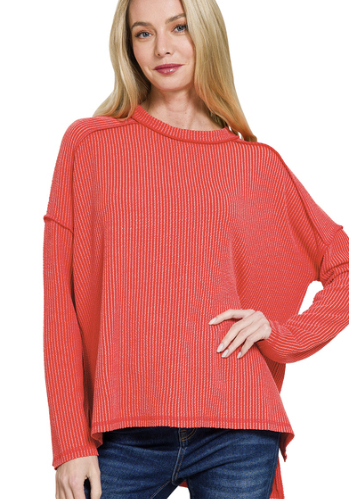 Raised rib raw edge boat neck long sleeve top - ZENANA RTL-8452A5