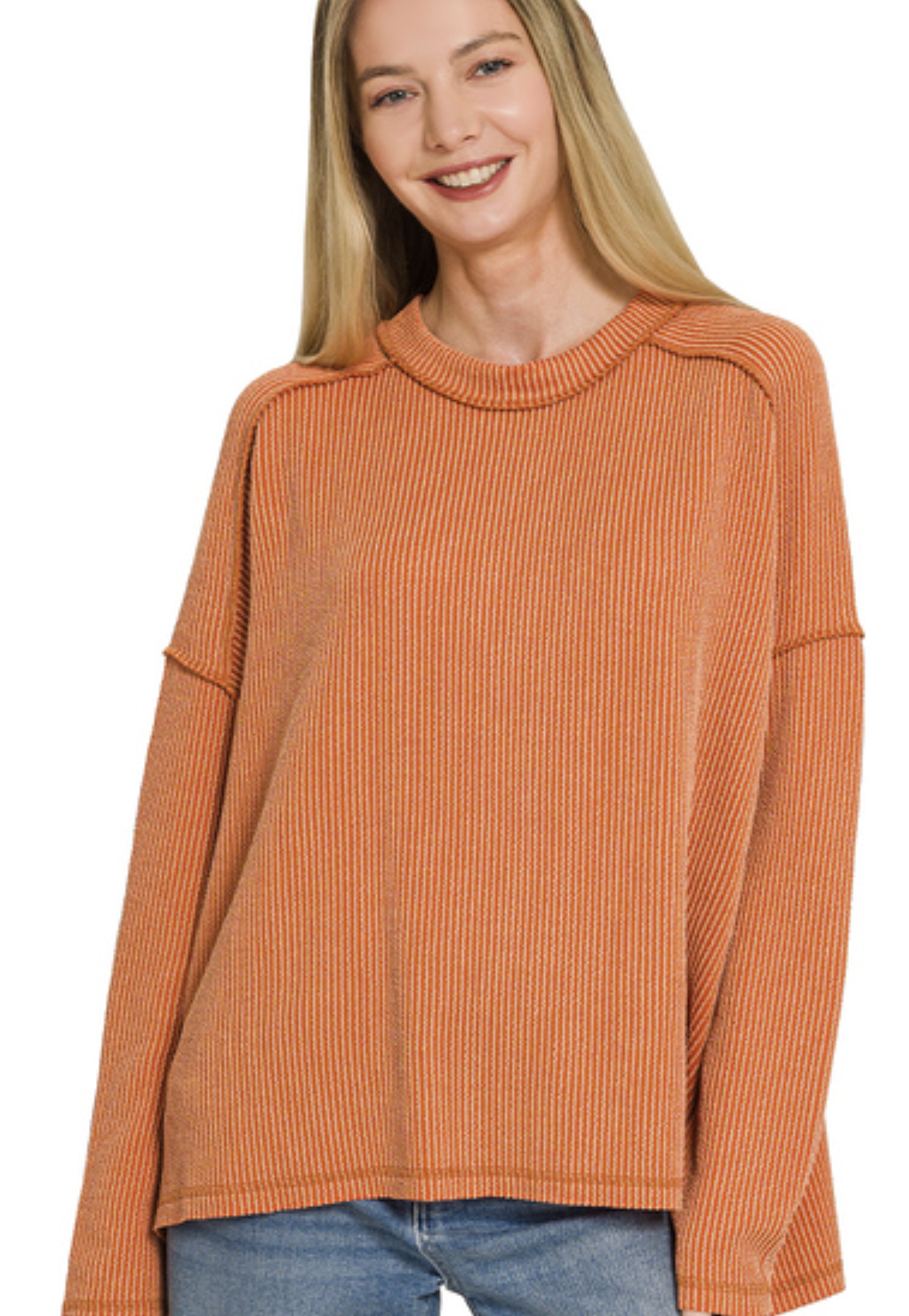 Raised rib raw edge boat neck long sleeve top - ZENANA RTL-8452A5