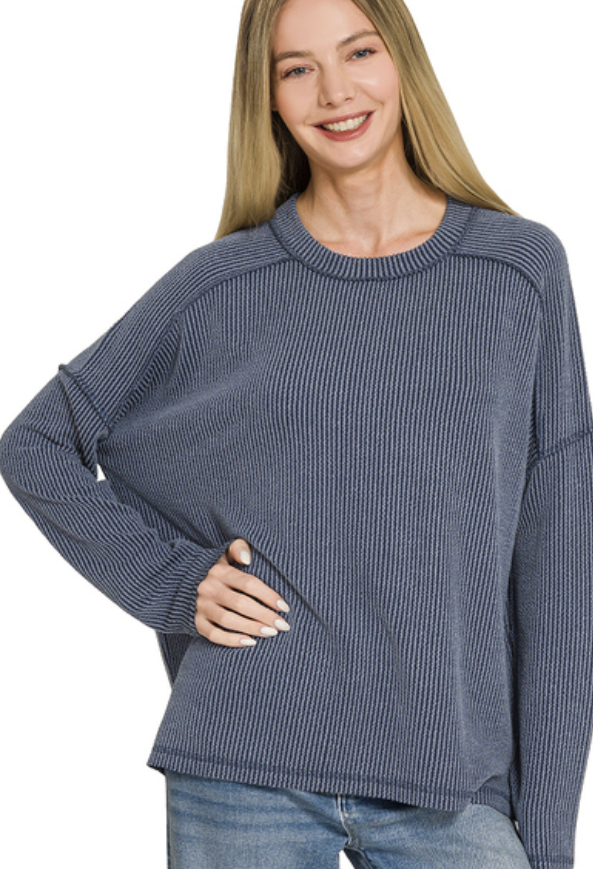 Raised rib raw edge boat neck long sleeve top - ZENANA RTL-8452A5