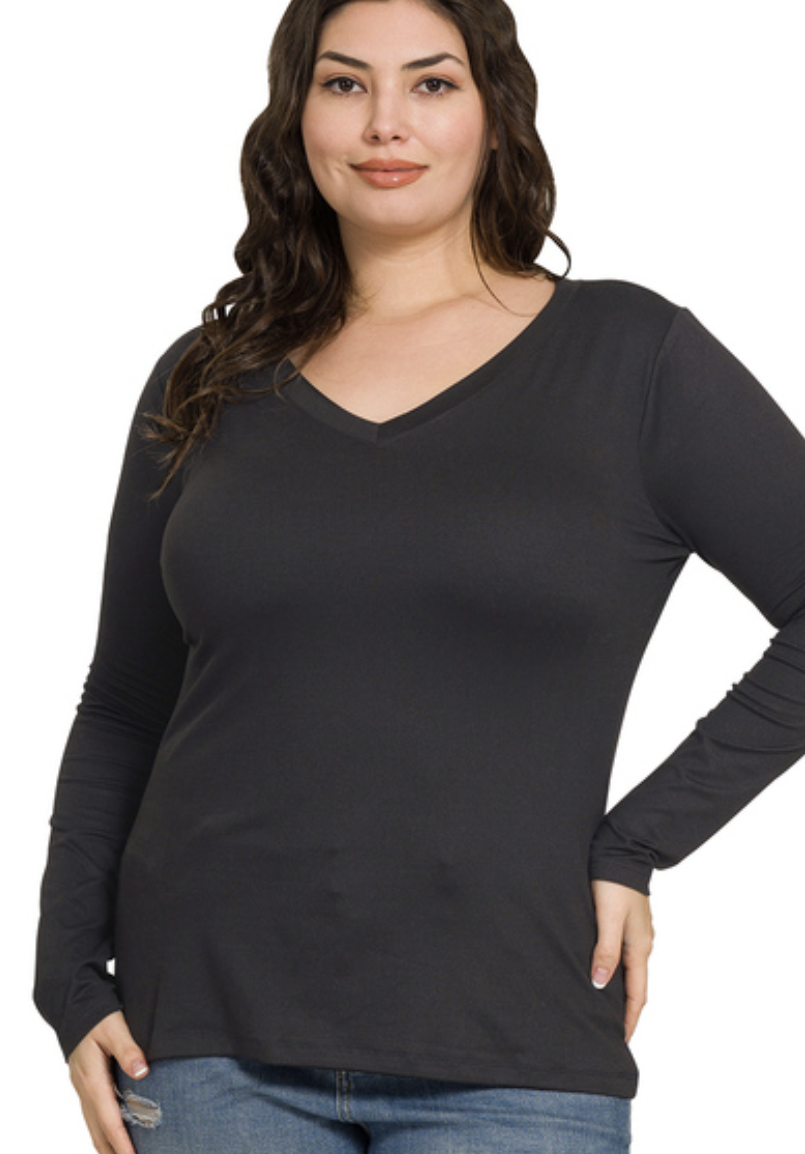Plus Size brushed microfiber long sleeve V-neck tee - ZENANA MT-2054X