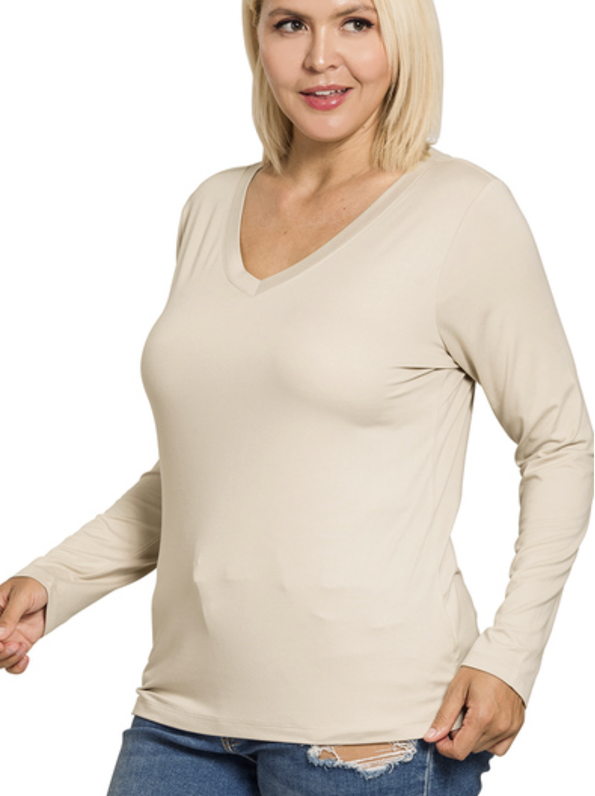 Plus Size brushed microfiber long sleeve V-neck tee - ZENANA MT-2054X