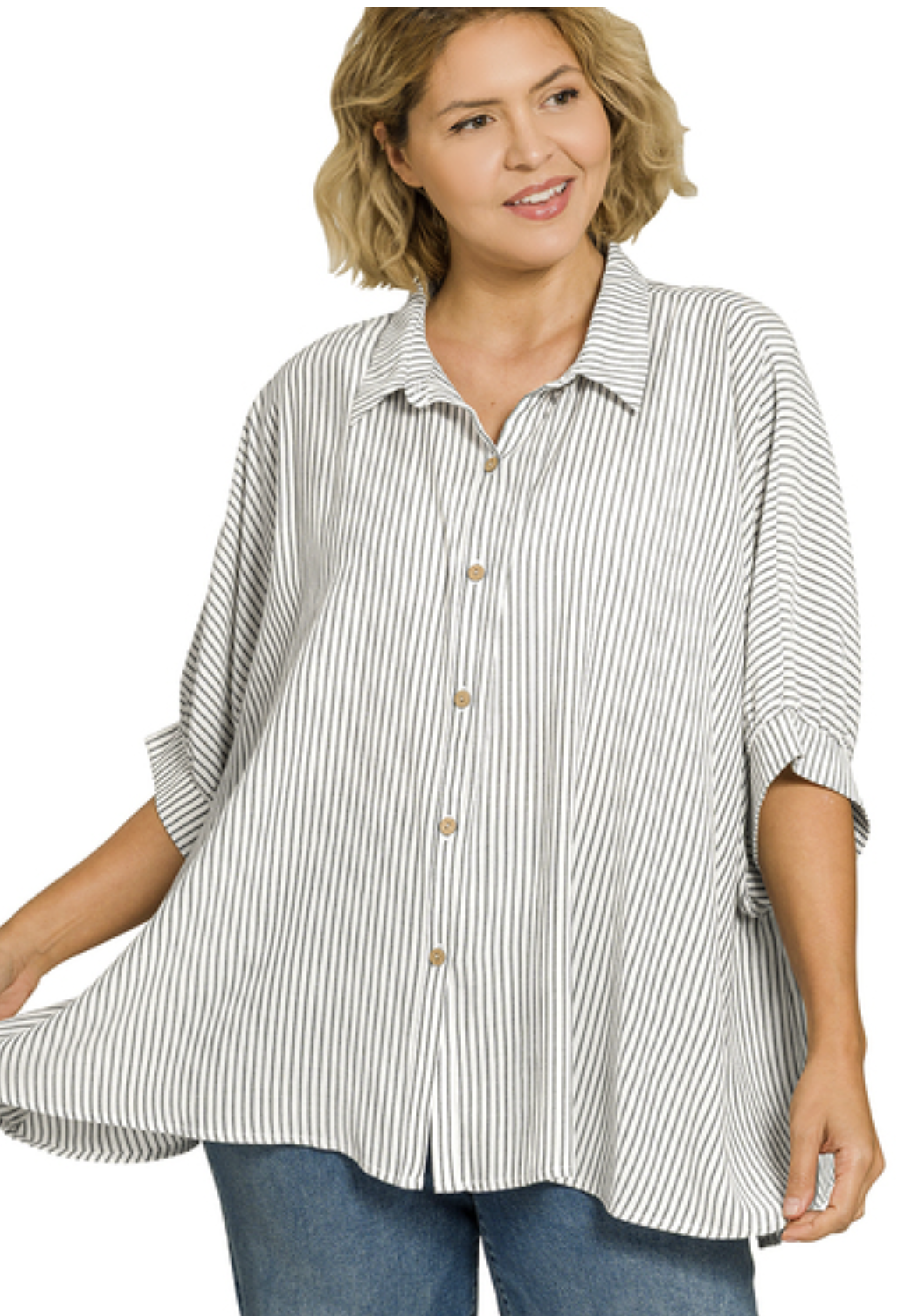 Plus Size woven stripe button down boxy top - ZENANA QT-7371X5