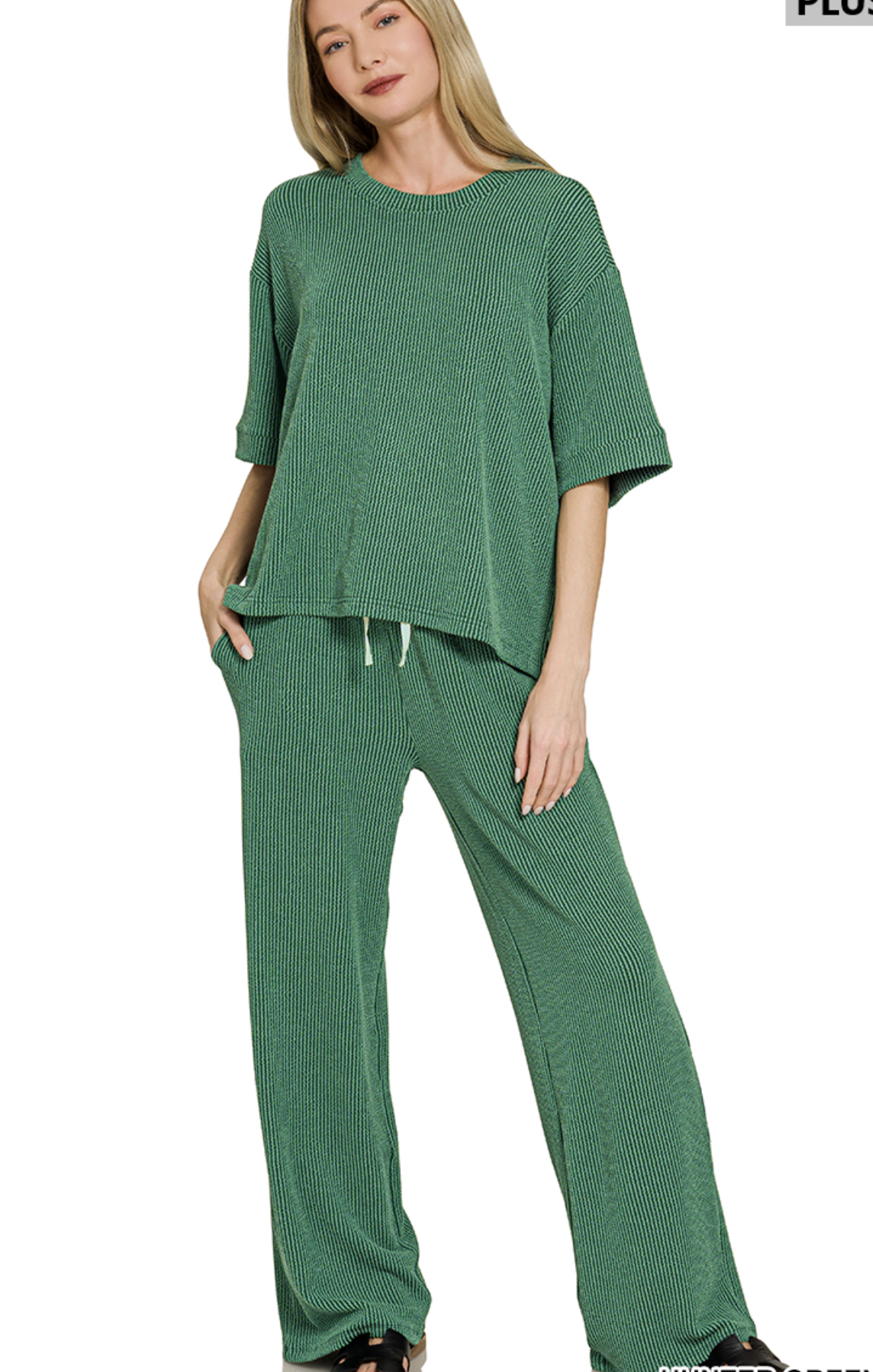 Plus Size raised rib short sleeve tee & pants set - ZENANA RTLRPL-8608X5