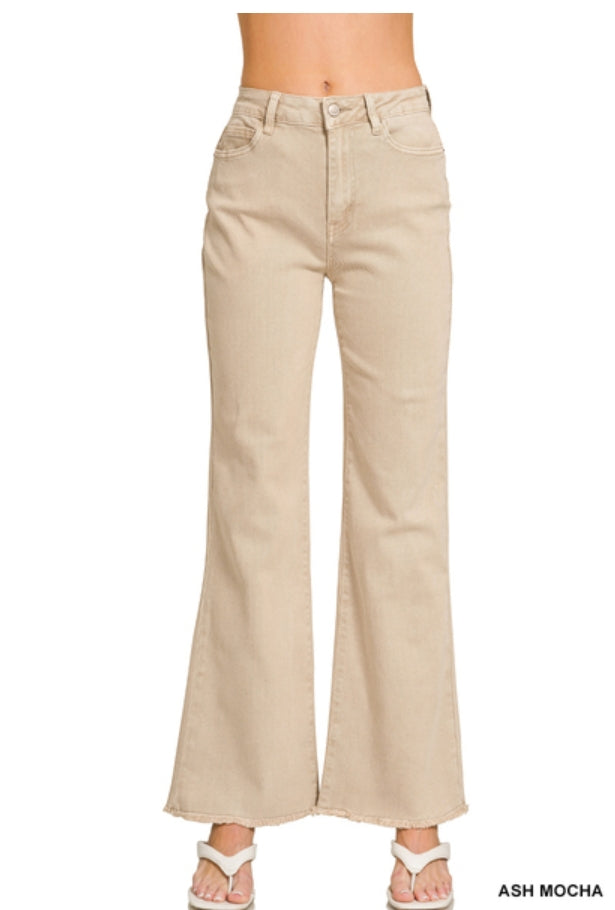 Acid washed frayed cutoff hem straight wide pants DMP-1855A