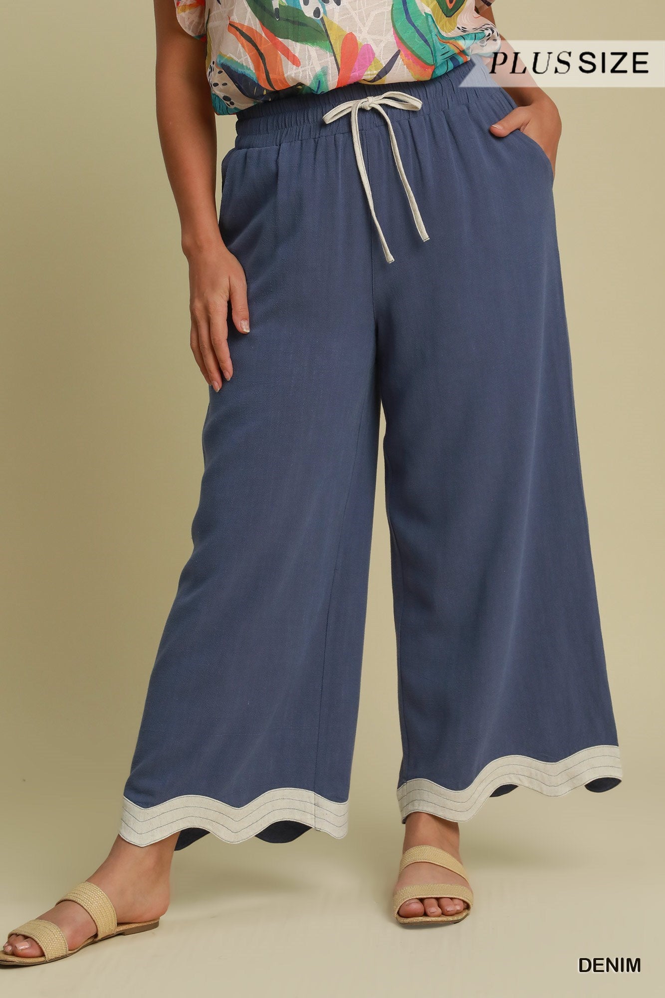 Drawstring Linen Pants with Scalloped Hemline