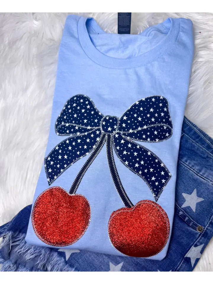 Cherries Bow USA Patriotic 4th of July Short Sleeve