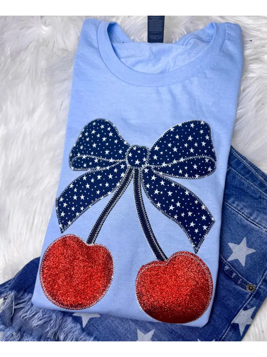 Cherries Bow USA Patriotic 4th of July Short Sleeve