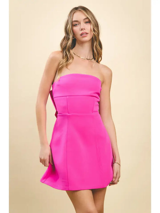 Strapless Tailored Fit and Flare Bow Detail Dress