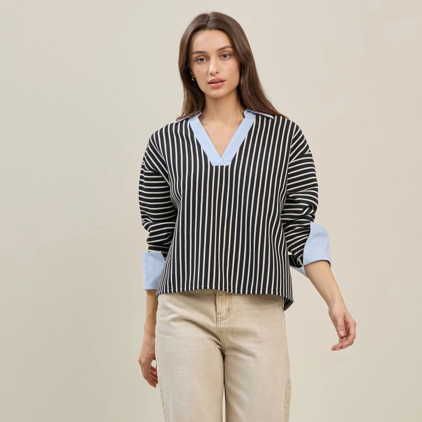 Striped Top with Contrast Neck & Cuffs
