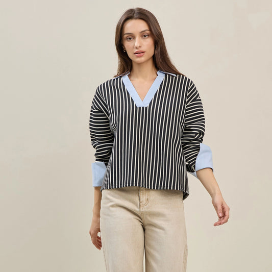 Striped Top with Contrast Neck & Cuffs