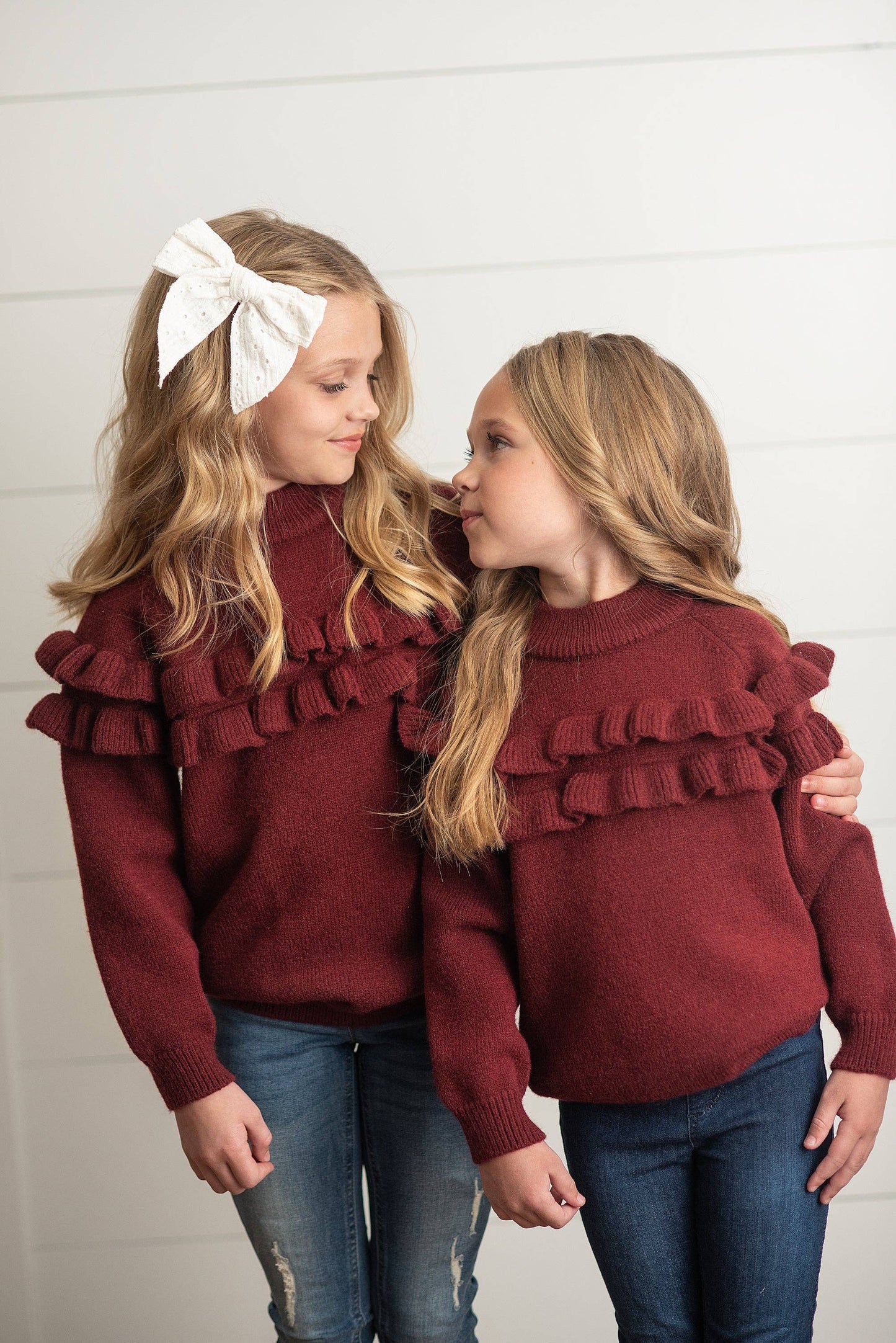 Kids Wine Double Ruffle Crew Neck Fall Winter Sweater