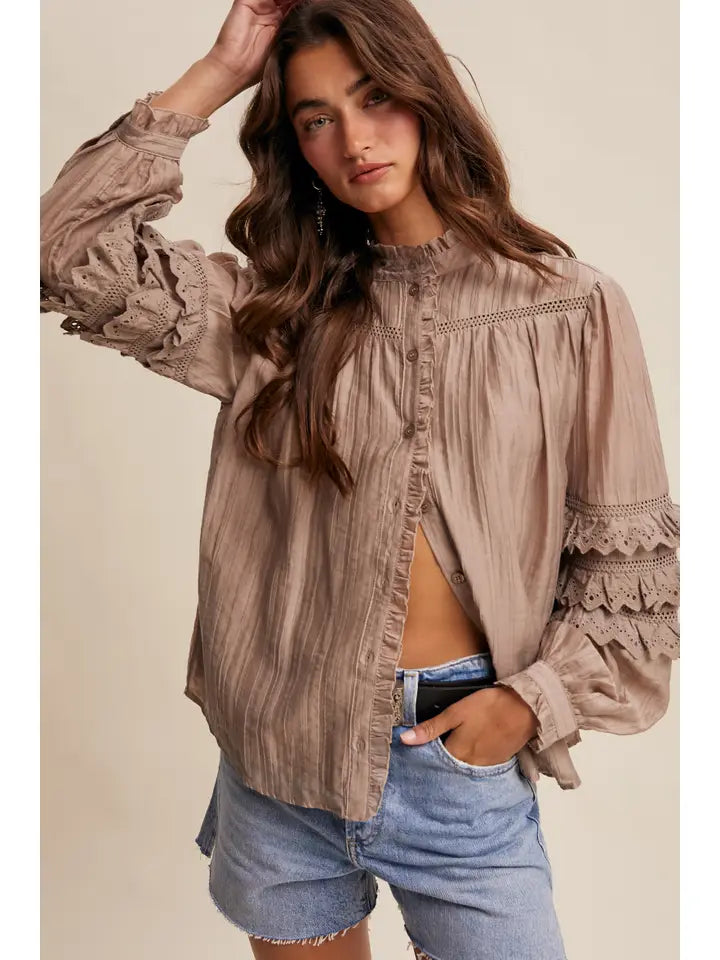 Lace Ruffle Sleeve Pintuck Blouse