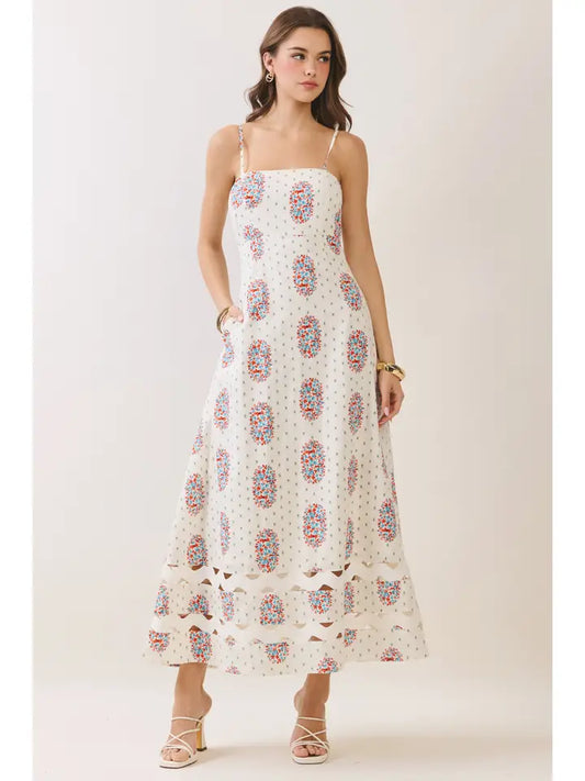 Cream Floral Print Tiered Cutout Detail Midi Dress