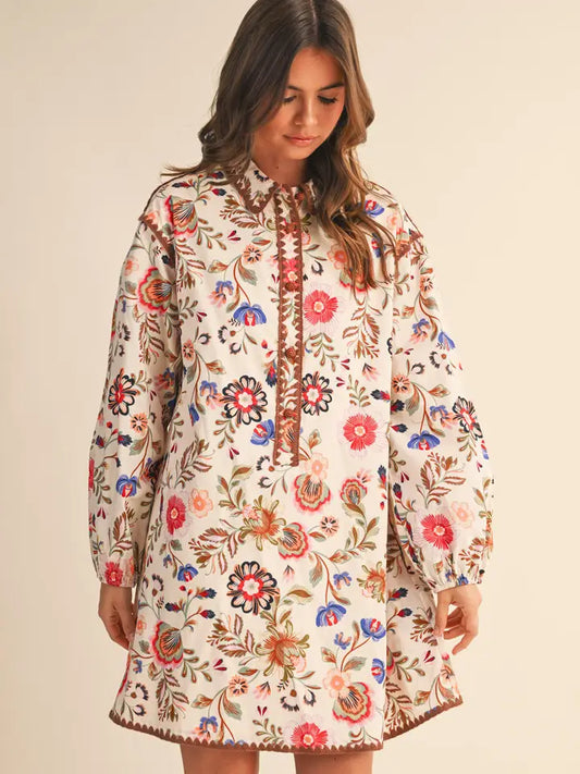 Exclusive Print Blanket Stitch Buttoned Mini Dress