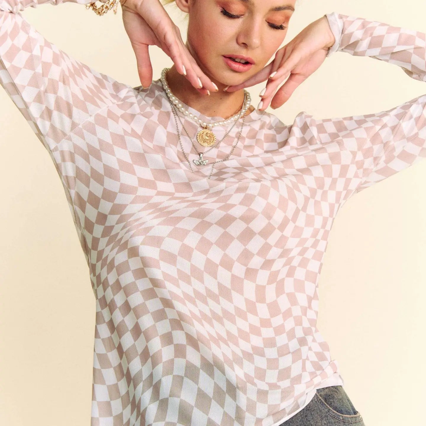 Checker Board Mesh Long Sleeve Layering Top