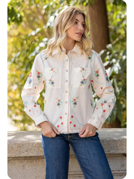 Flower Embroidery Long Sleeve Linen Shirt