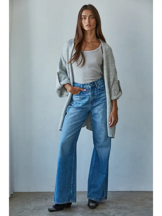 Knit Folded Quarter Sleeve Open Front Cardigan HEATHER GREY
