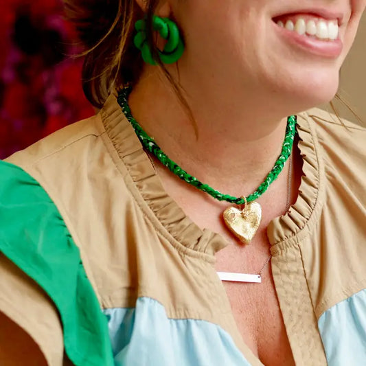Green Bandana with Gold Leafed Heart Necklace