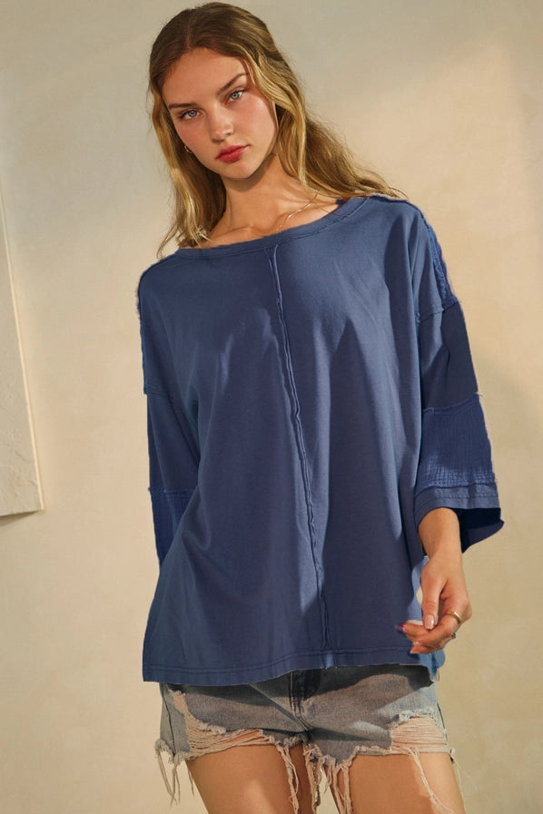 Acid Washed Mixed Fabric Pullover Top