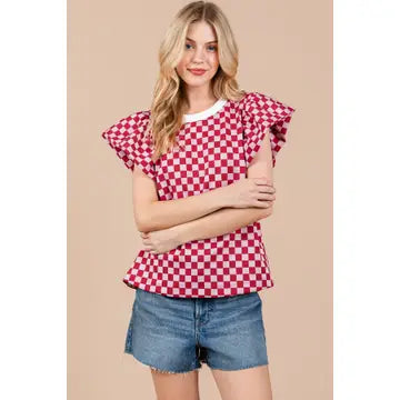 Gameday Checker Print Flutter Puff Short Sleeve