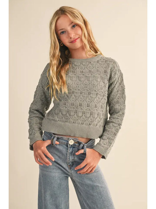 Tween Girls Kids Crew Neck Wavy Pointelle L/S Sweater