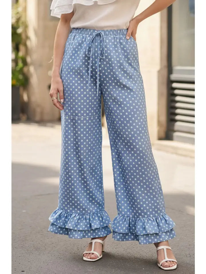 Polka Dot Casual Ruffle Hem Cropped Pants
