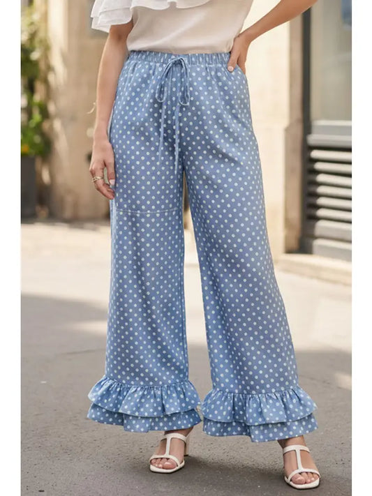 Polka Dot Casual Ruffle Hem Cropped Pants