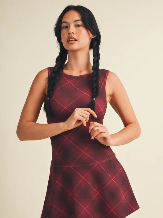 Plaid Print A-Line Mini Dress with Drop Waist