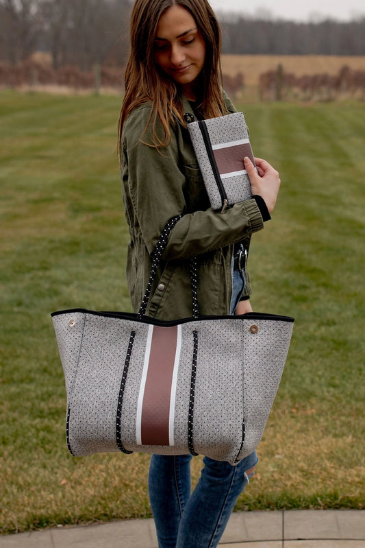 Beach Bag - Grey W Deep Burgundy Center Stripe