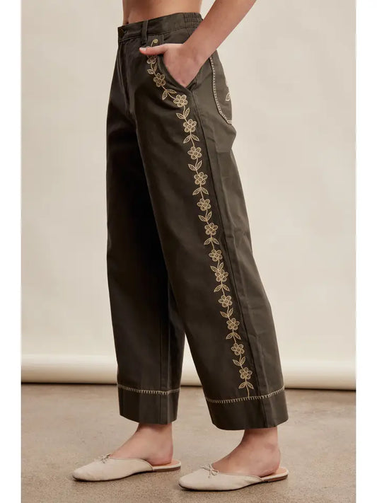 Floral Embroidered Cropped Wide-Leg Pants