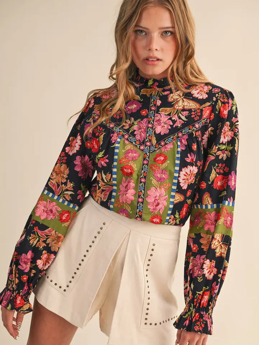 Exclusive Floral Border Print Top with Floral Trim