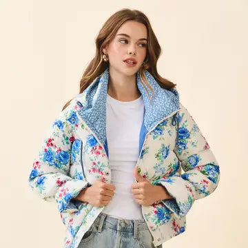 Floral Snap Button Enclosure Hooded Puffer Jacket