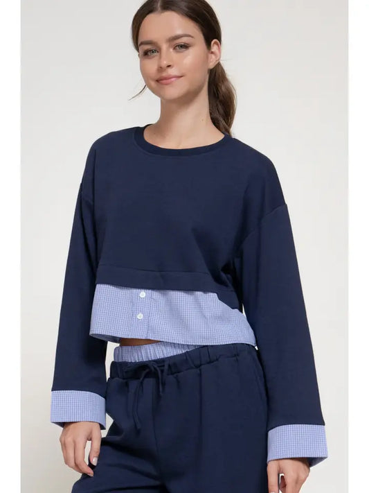 Long Sleeve Sweatshirt with Contrasting Check Panel