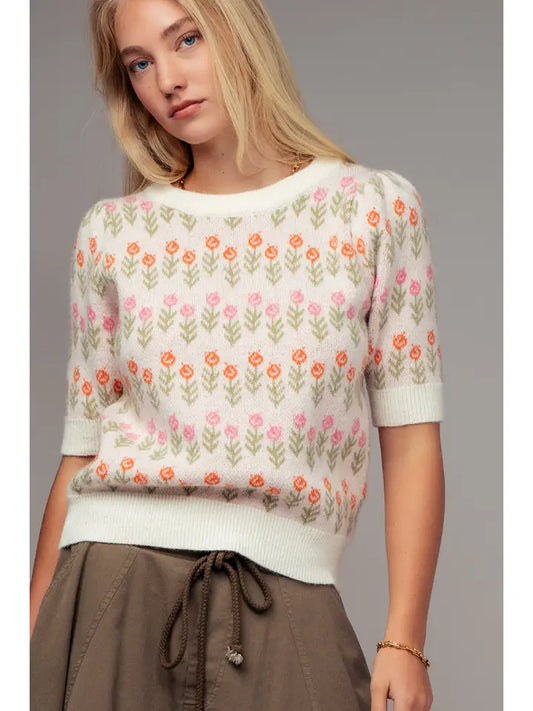 Floral Print Crew Neck Knit Sweater