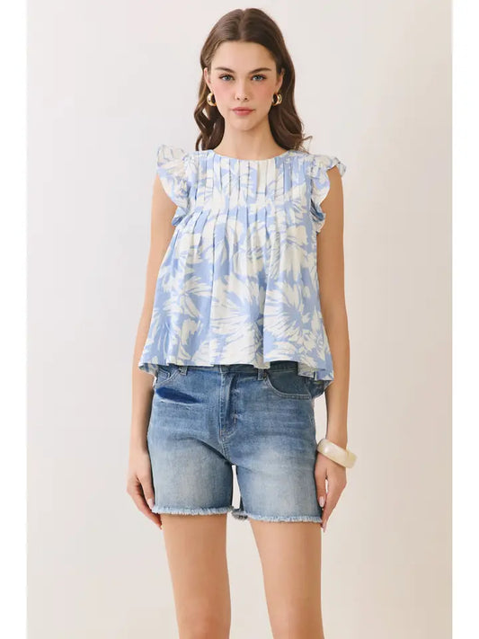 Floral Print Pleated Bodice Ruffle Sleeve Top