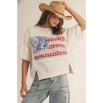 4th of July Lace Trim Patch Pullover Sweatshirt