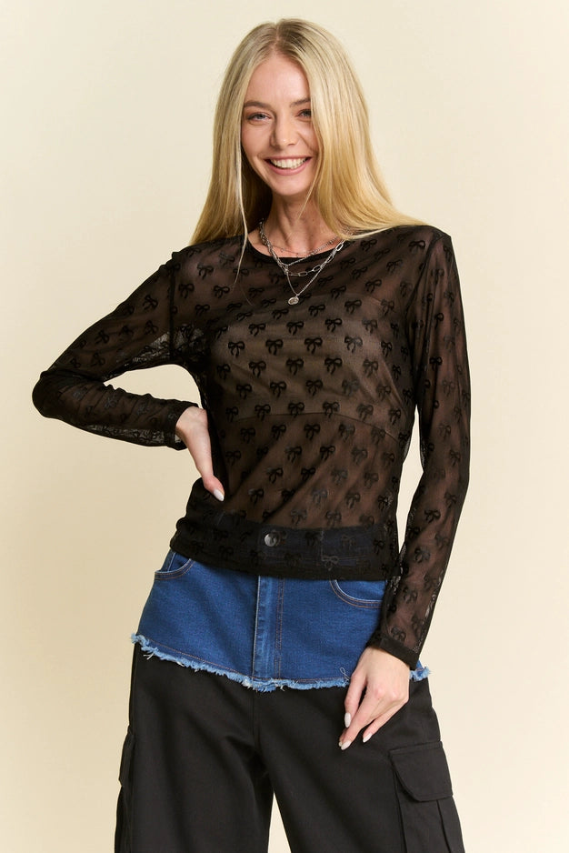 Ribbon Embroidered Long Sleeve Mesh Top