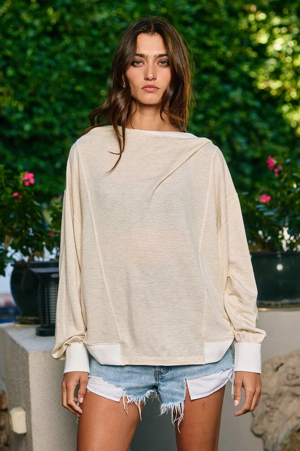 Reversible Twist-Front Striped Knit Sweatshirt Top