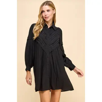 Pleated Top Button Down Shift Dress