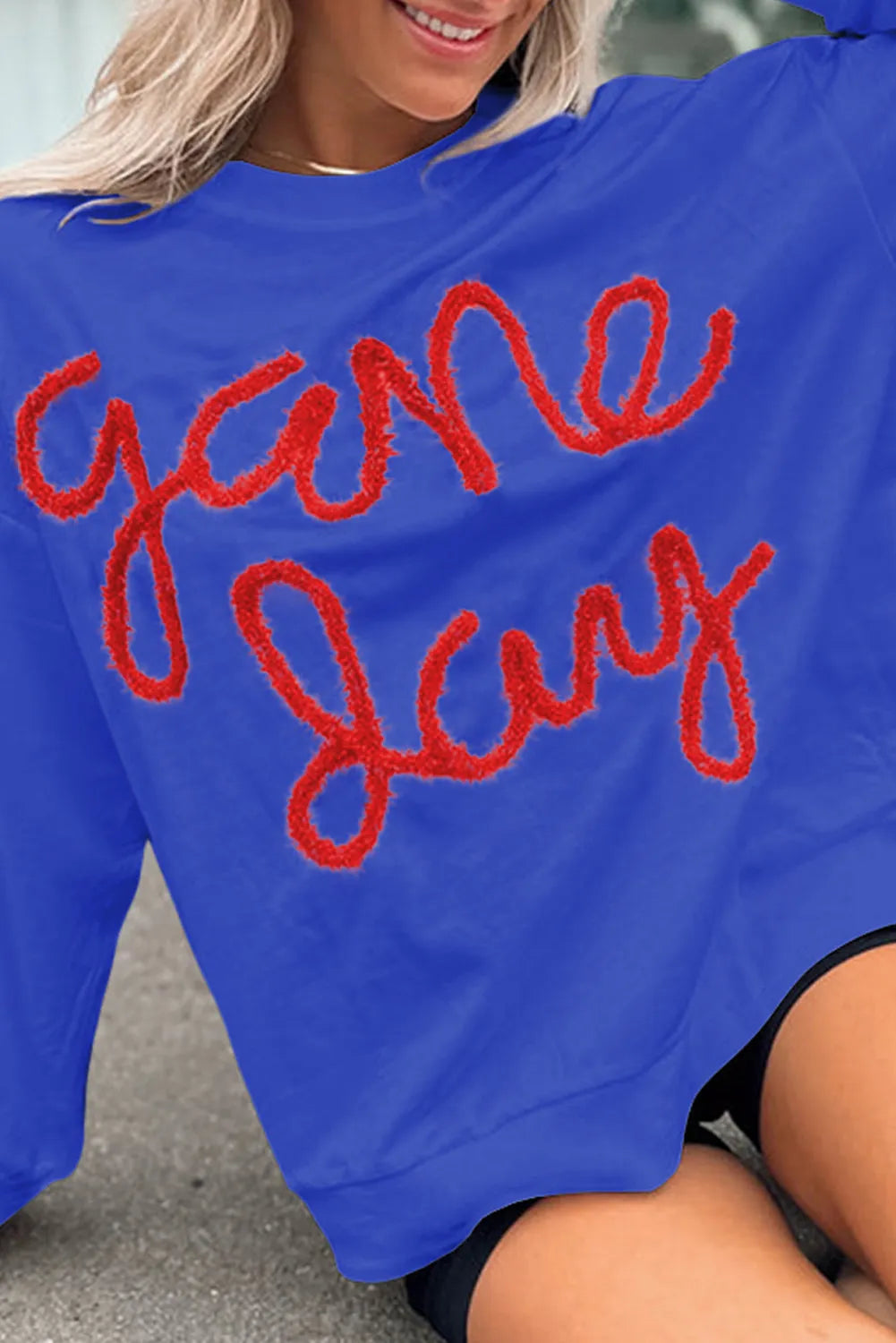 Blue Tinsel Game Day Drop Shoulder Graphic Sweatshirt