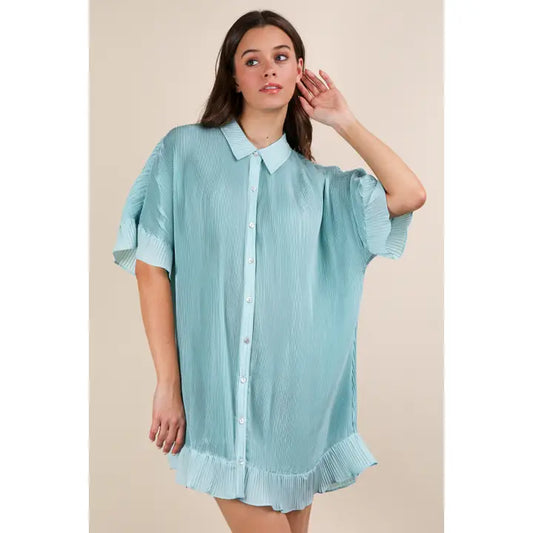 Pleated Detail Button Down Mini Dress