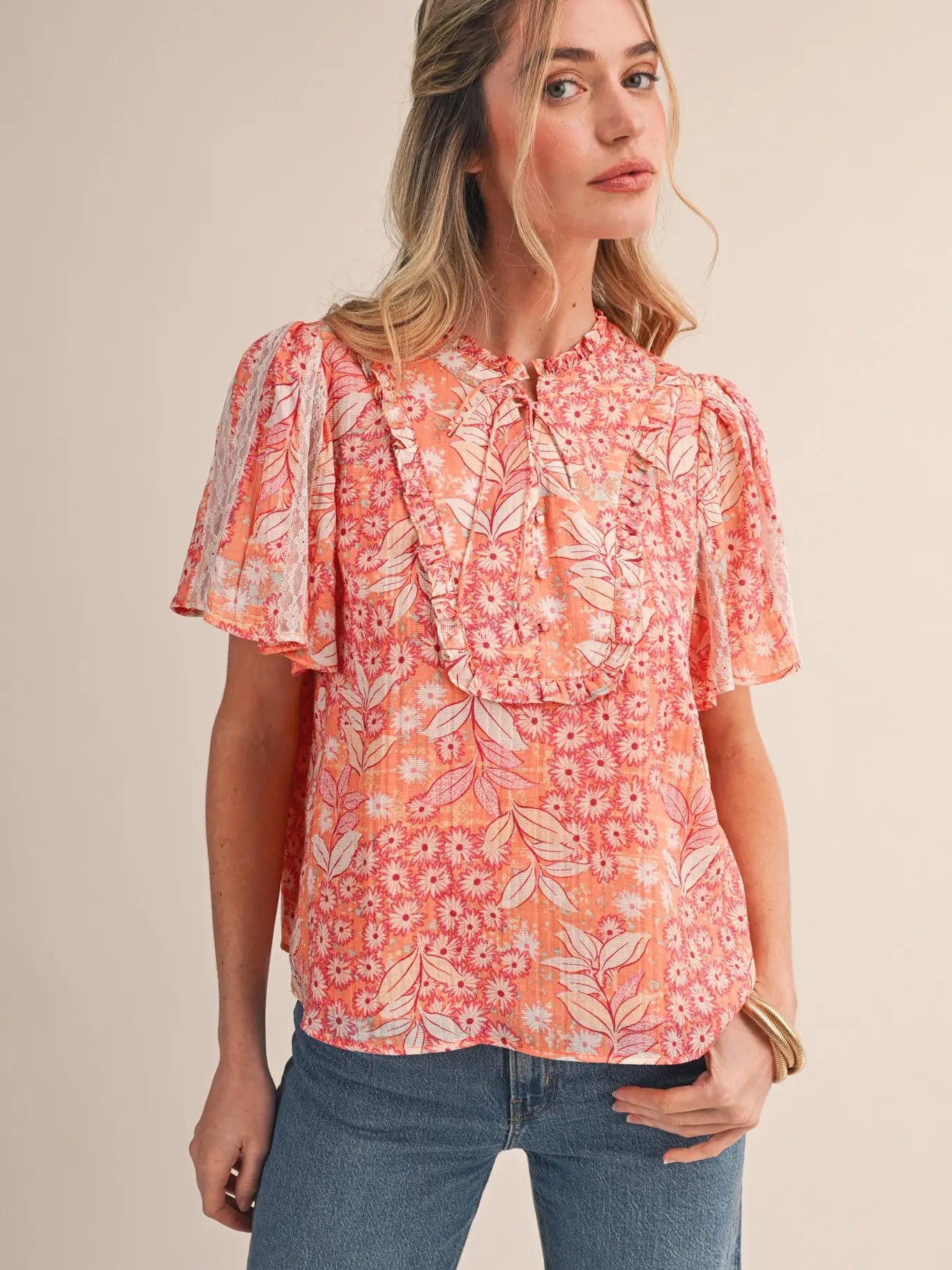 Exclusive Floral Print Lace Trim Top