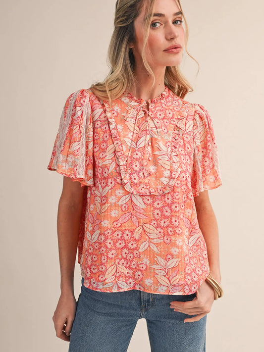Exclusive Floral Print Lace Trim Top