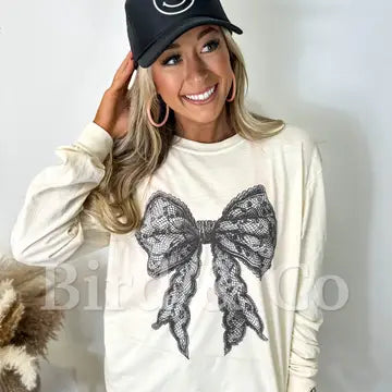 Coquette Lace Bow Ivory Long Sleeve Graphic Tee