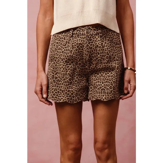 Mid Rise Leopard Twill Shorts with Scallop Hem