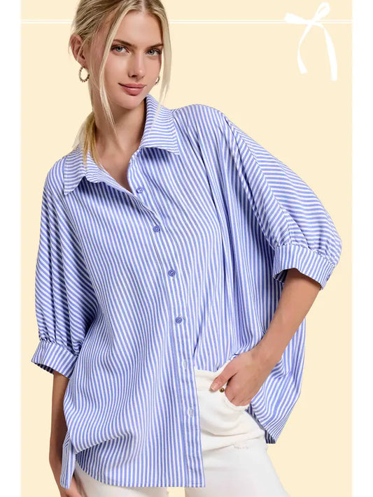 Relaxed Striped 3/4 Sleeve Button Down Shirt