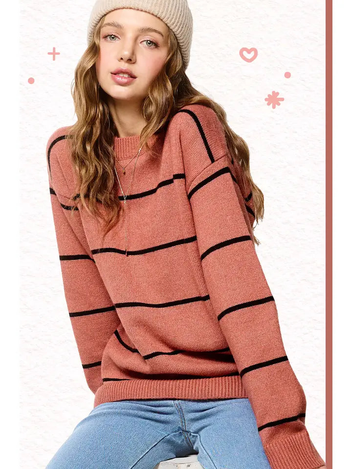Stripe Long Sleeve Crew Mock Nneck Sweater