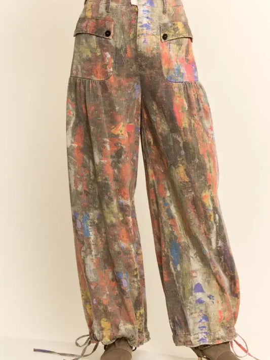 Printed Denim Wide-Leg Pants