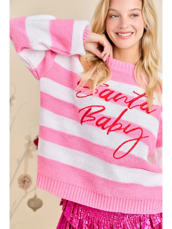 Santa Baby Pink Stripe Knit Sweater